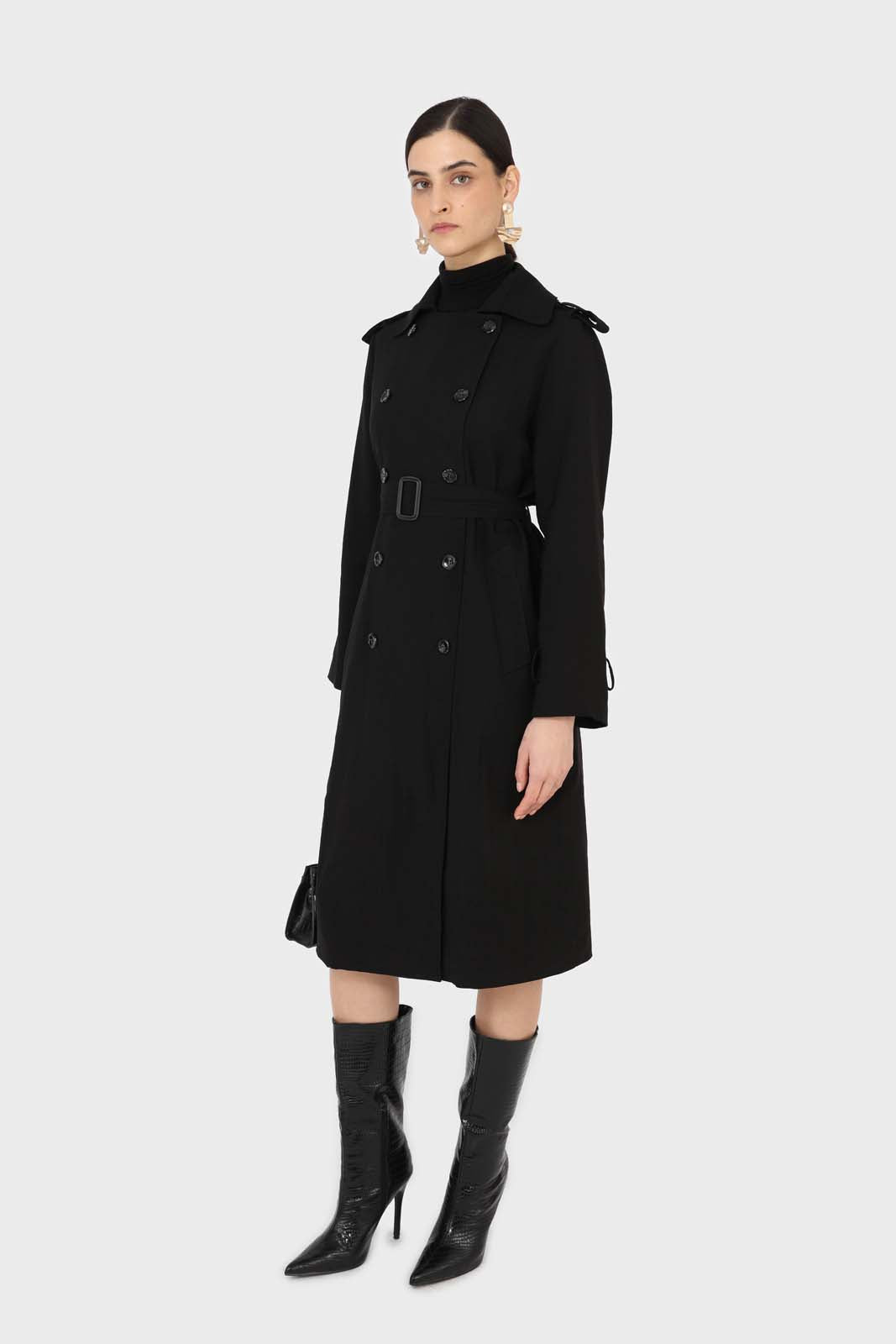Black soft double breasted belted trench coat_2