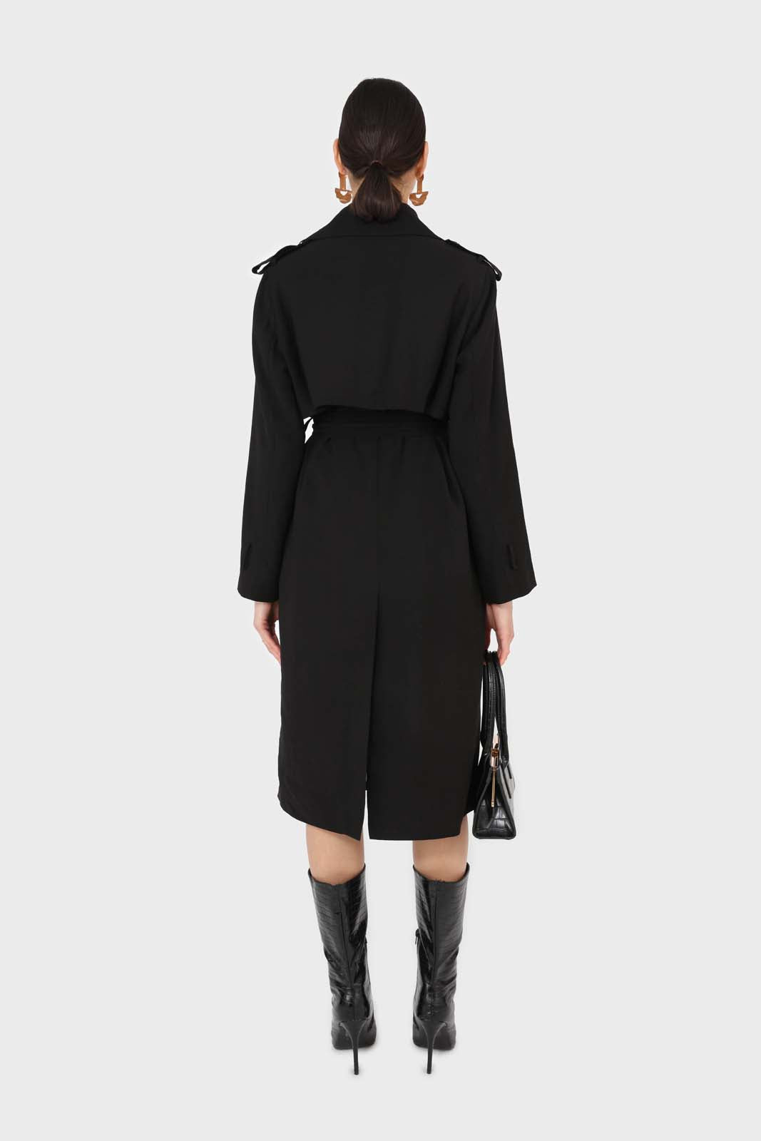Black soft double breasted belted trench coat_3