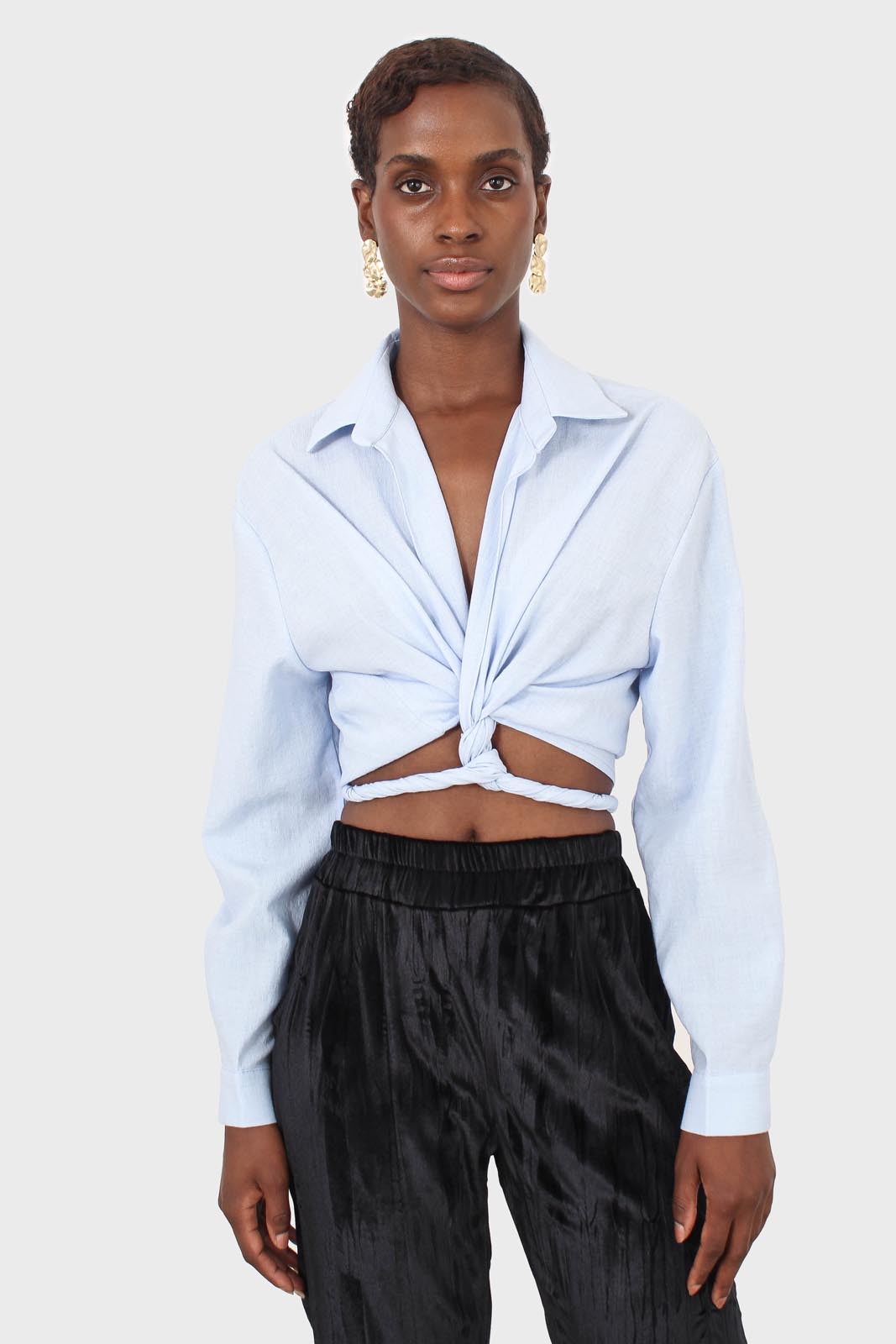 Pale blue linen plunging tie front shirt