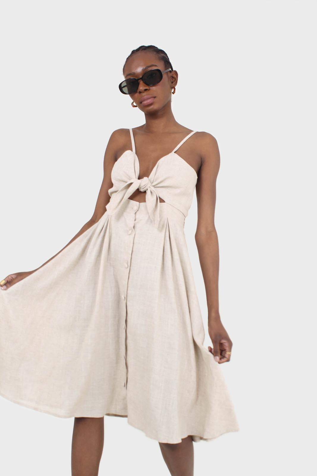 Oatmeal peek tie front linen dress_3