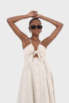 Oatmeal peek tie front linen dress_5