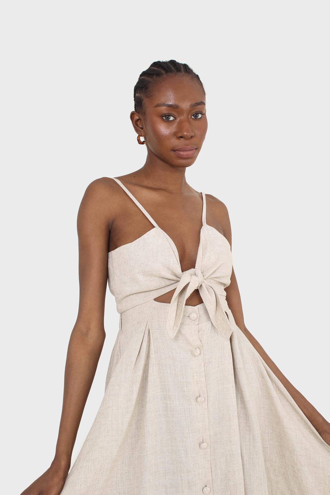 Oatmeal peek tie front linen dress_9