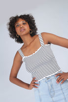 Ivory and black striped frill trim knit tank_1
