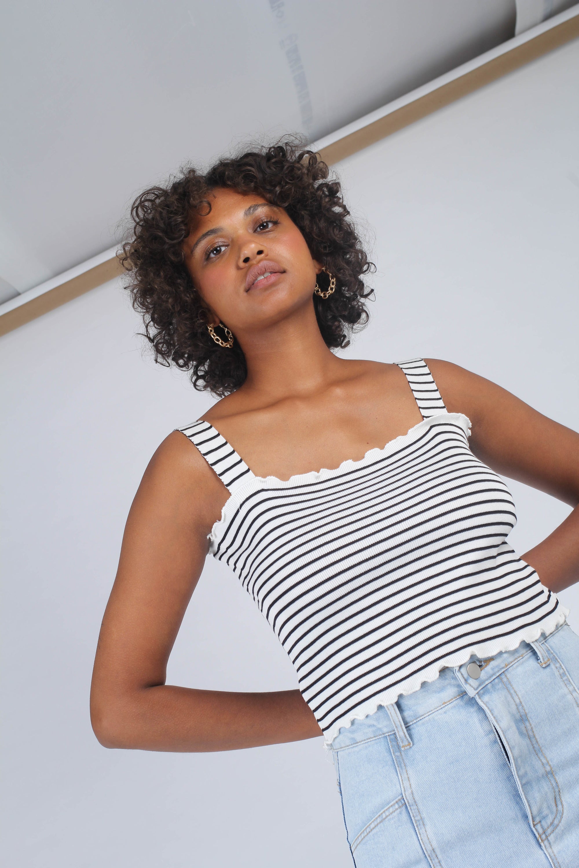 Ivory and black striped frill trim knit tank_6