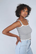 Ivory and black striped frill trim knit tank_2