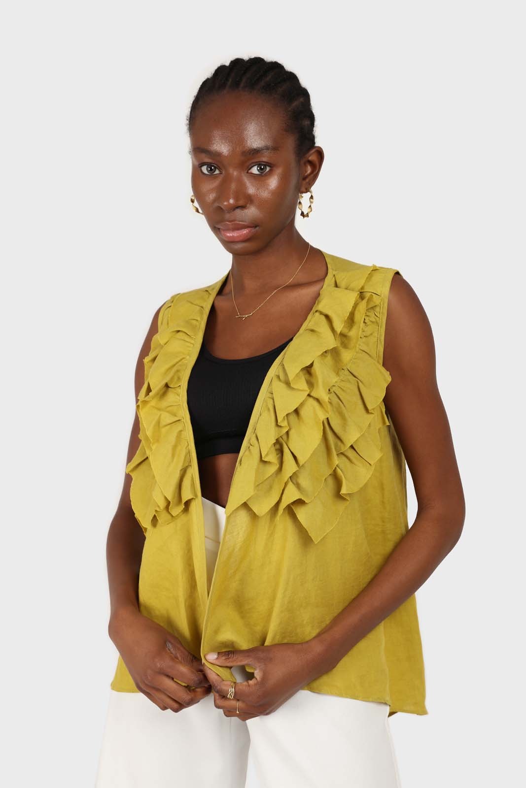 Green linen layered ruffle sleeveless wrap top_3