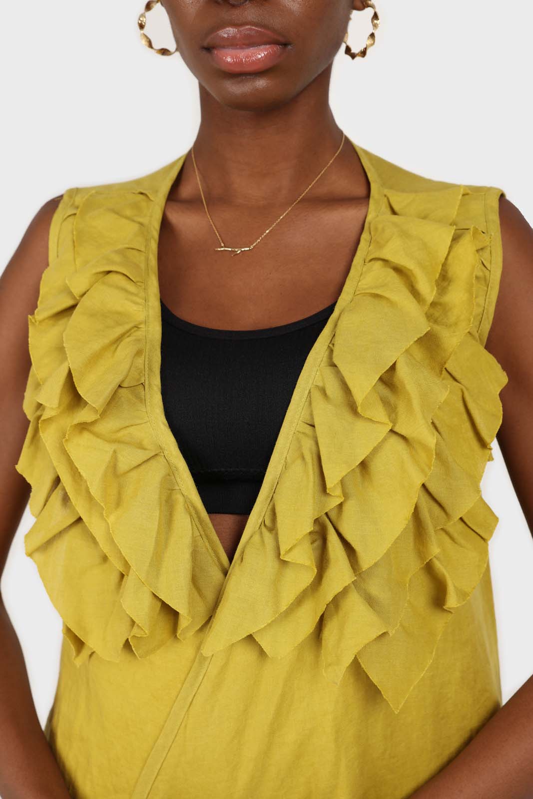 Green linen layered ruffle sleeveless wrap top_4
