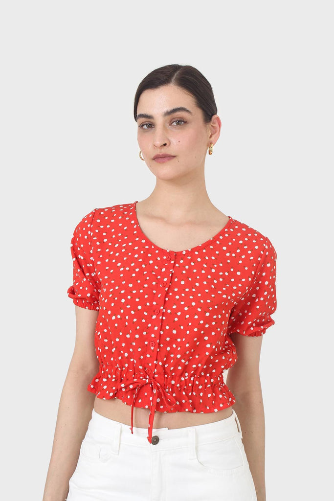 Red and white floral cropped blouse_3