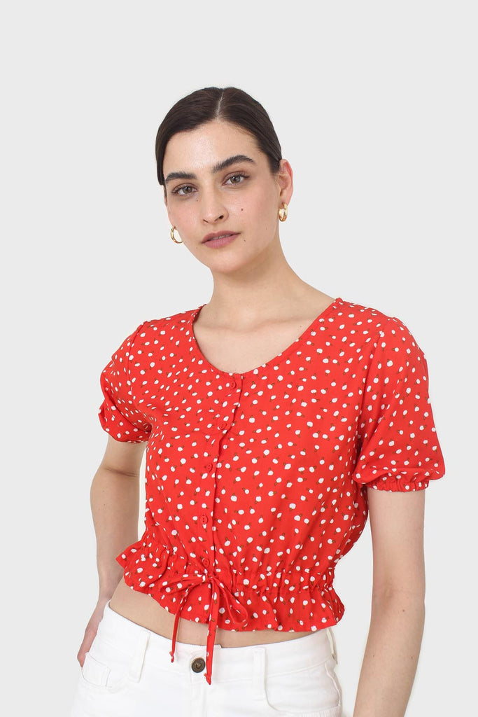 Red and white floral cropped blouse_4