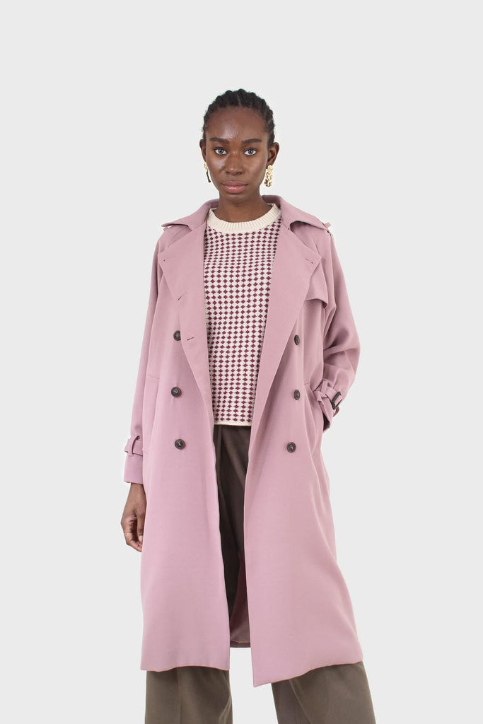 Pale pink double breasted belted trench coat_8