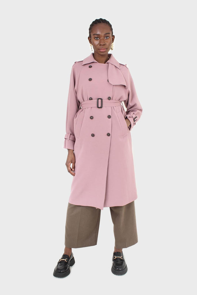 Pale pink double breasted belted trench coat_1