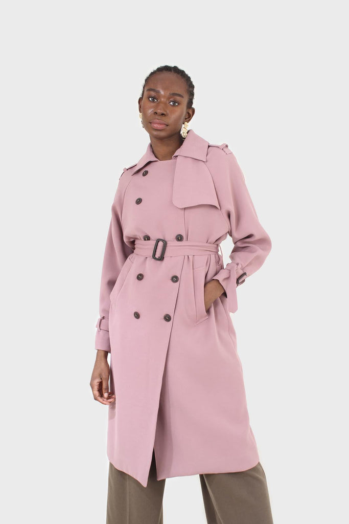 Pale pink double breasted belted trench coat_11
