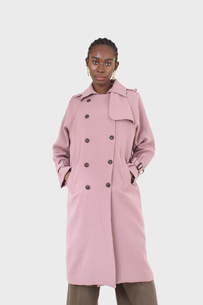 Pale pink double breasted belted trench coat_10