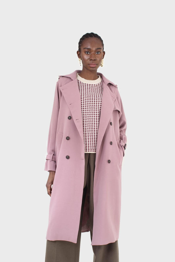 Pale pink double breasted belted trench coat_12