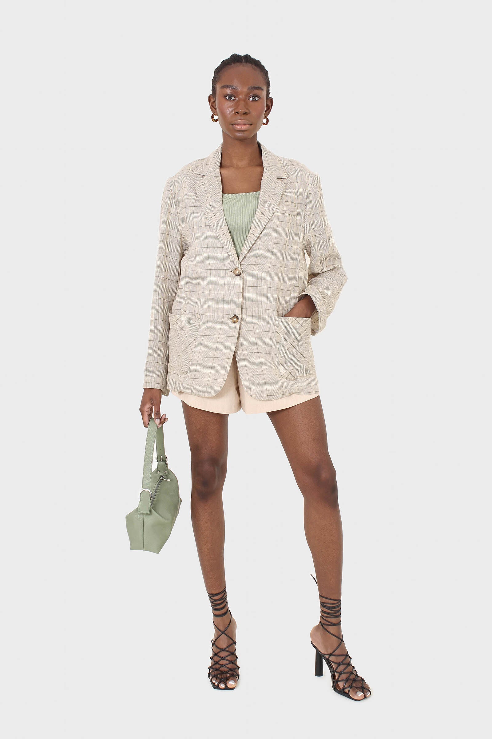 Pale khaki checked oversized linen blazer_3