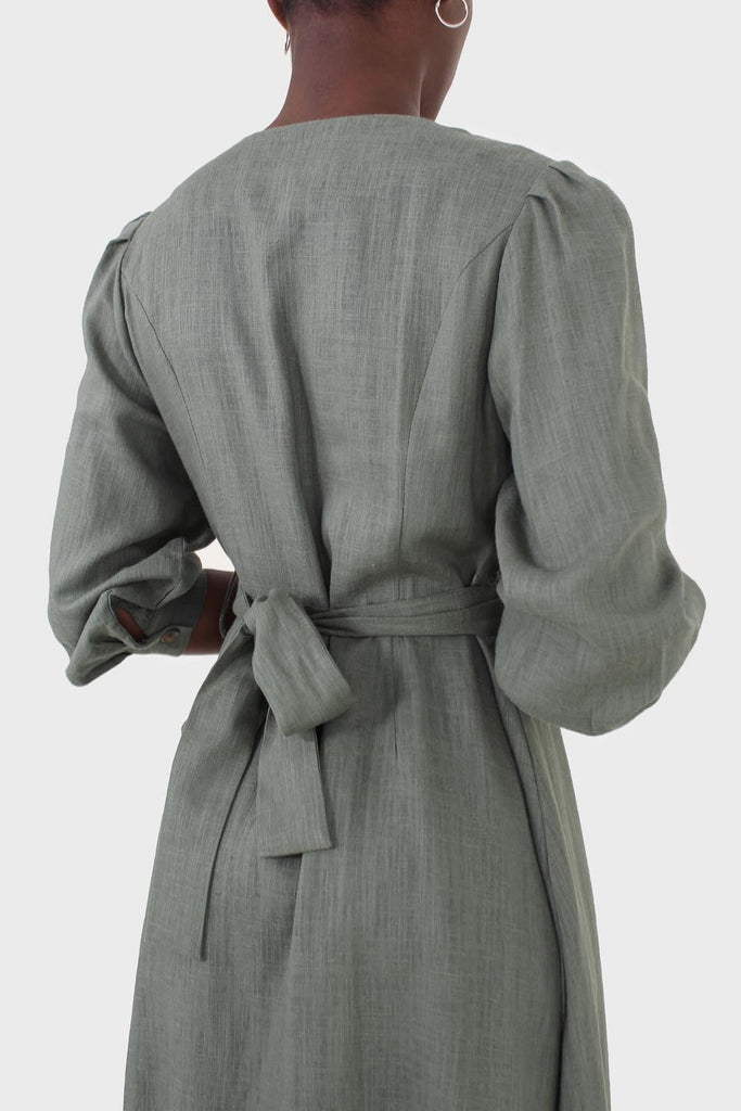 Khaki V-neck button front belted linen dress_7