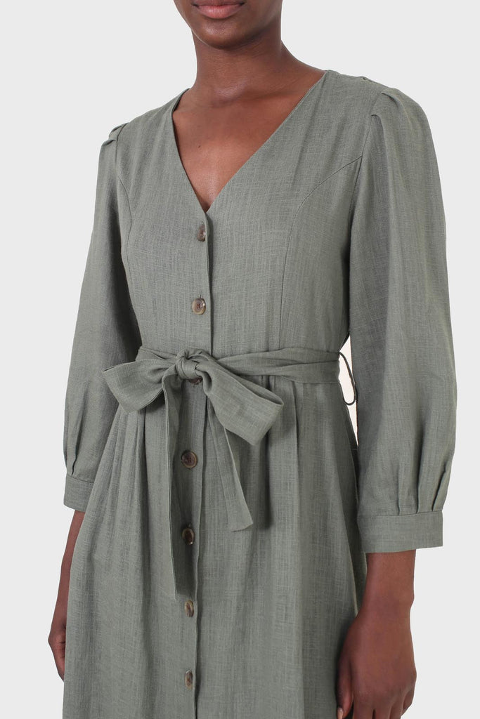 Khaki V-neck button front belted linen dress_5