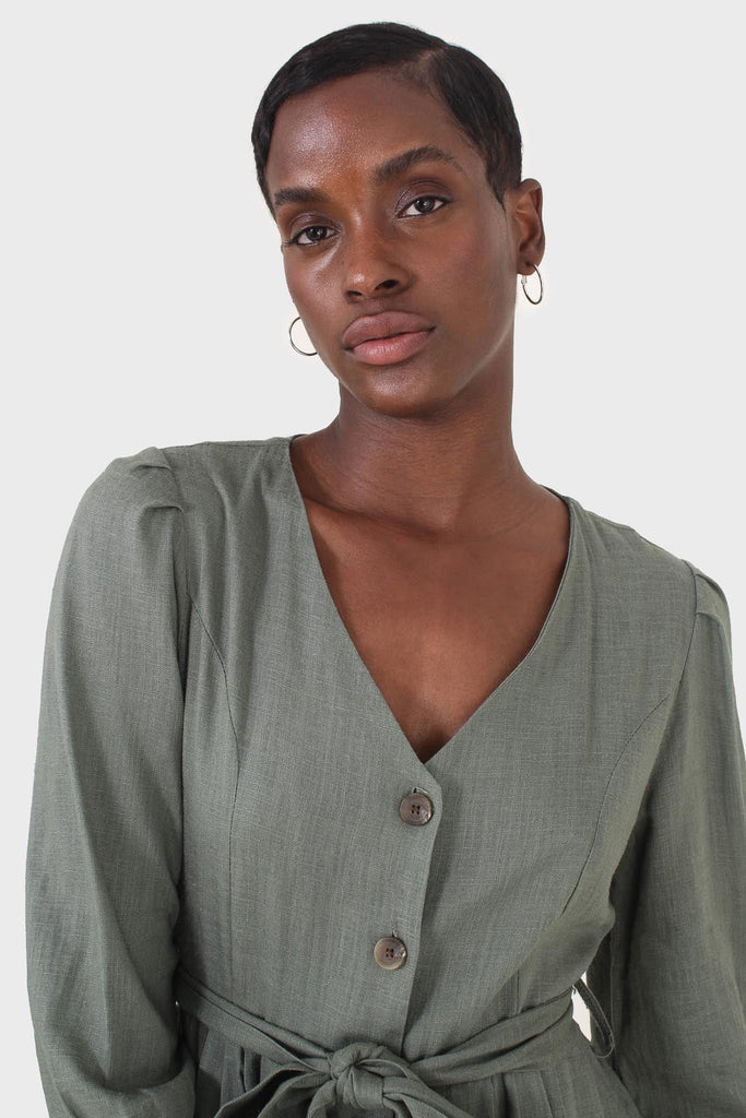 Khaki V-neck button front belted linen dress_9