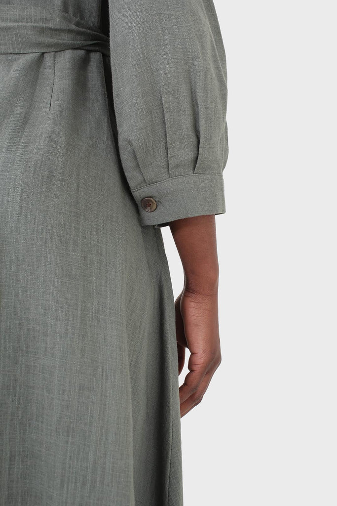 Khaki V-neck button front belted linen dress_8