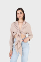 Beige linen plunging tie front shirt_4