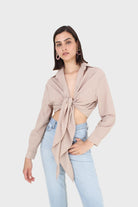 Beige linen plunging tie front shirt_1