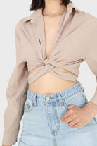 Beige linen plunging tie front shirt_7