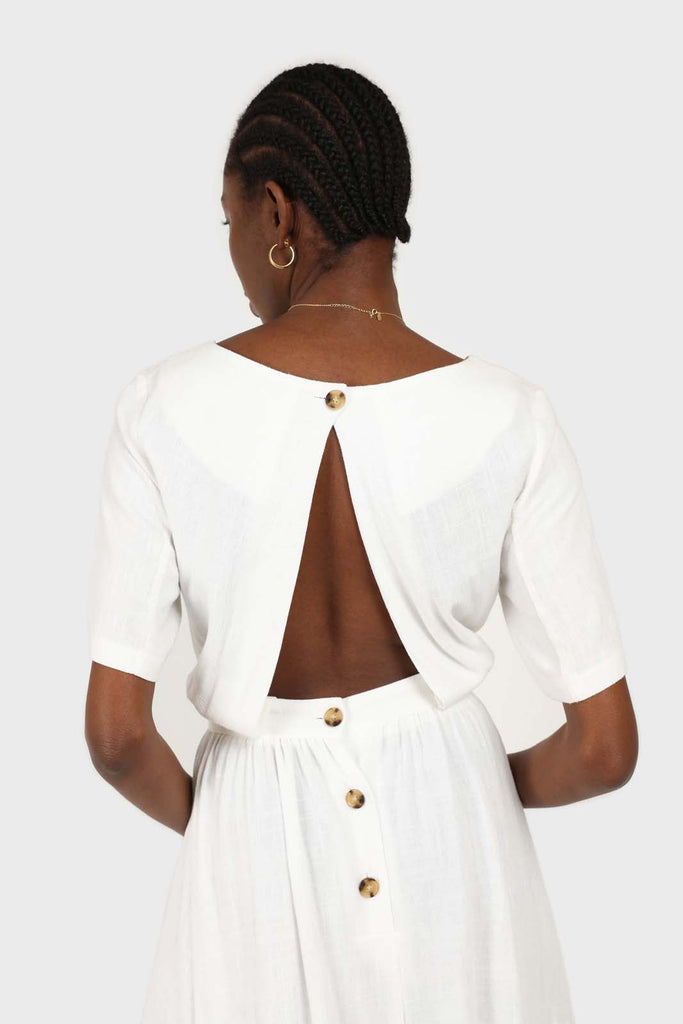 White open back button maxi linen dress_6