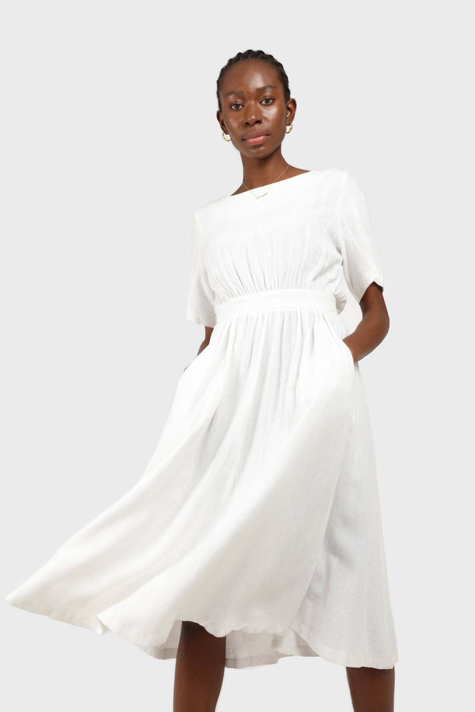 White open back button maxi linen dress_3