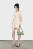 Beige V-neck tie sleeved linen romper_1