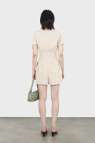 Beige V-neck tie sleeved linen romper_3