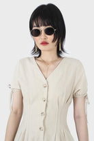 Beige V-neck tie sleeved linen romper_7