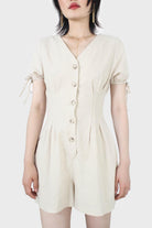 Beige V-neck tie sleeved linen romper_5