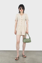 Beige V-neck tie sleeved linen romper_9