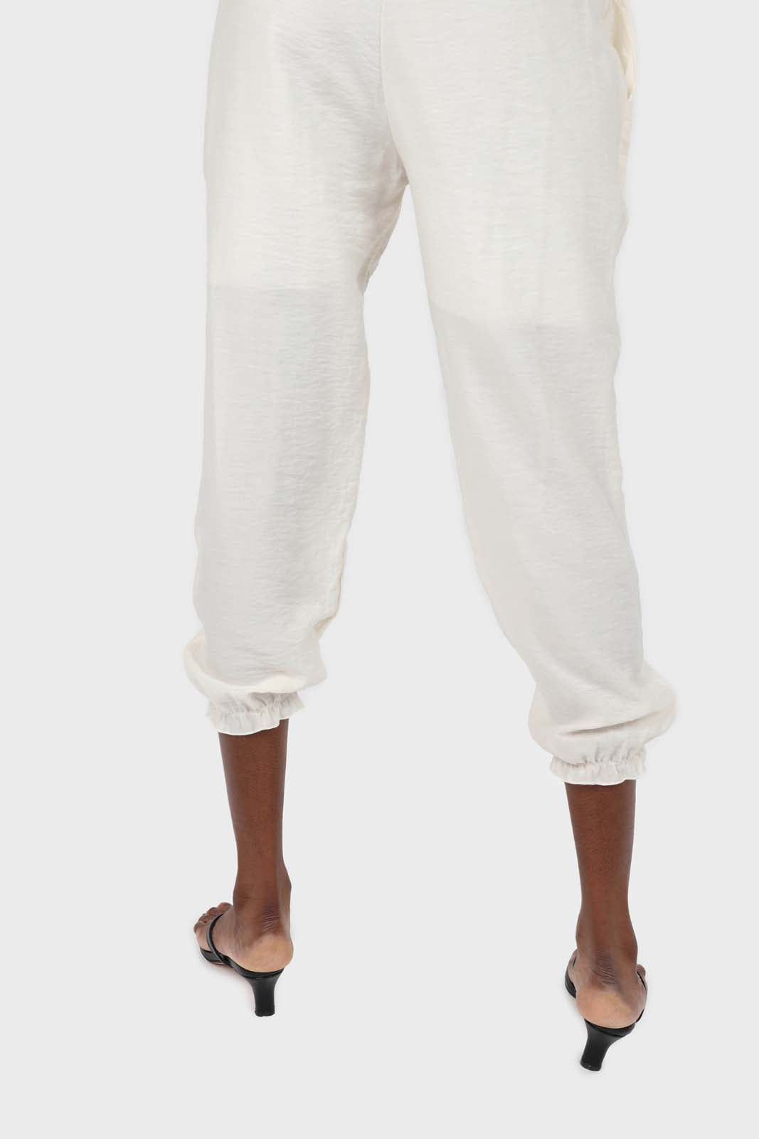 Ivory ruched hem loose fit silky trousers_4