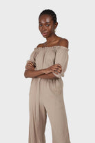 Brown off shoulder tie waist jumpsuit_11