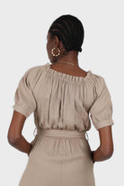 Brown off shoulder tie waist jumpsuit_13