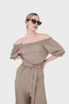 Brown off shoulder tie waist jumpsuit_3