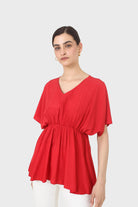 Bright red V-neck wrinkled blouse_4