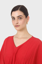 Bright red V-neck wrinkled blouse_6