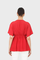 Bright red V-neck wrinkled blouse_2