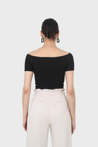 Black side shirring off shoulder tee_7