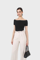 Black side shirring off shoulder tee_8