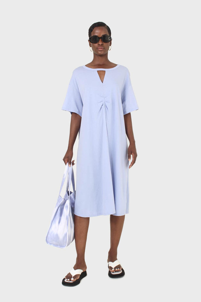 Blue cut out neck ruched front oversized maxi dress_1
