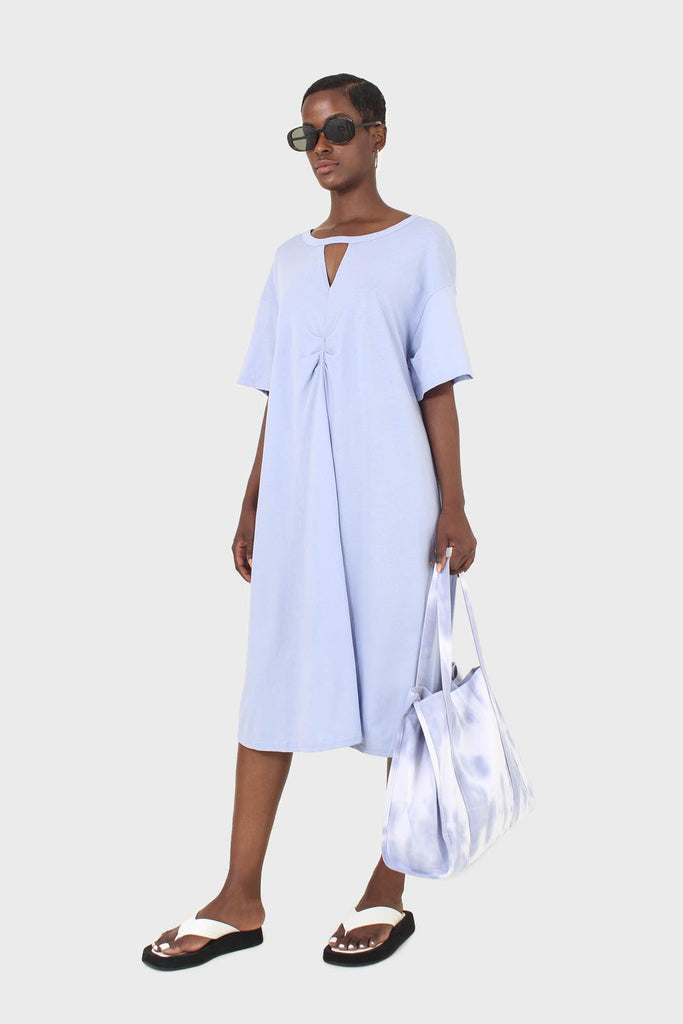 Blue cut out neck ruched front oversized maxi dress_5