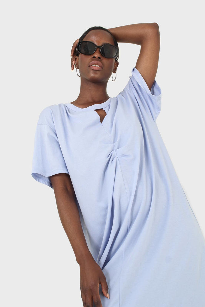Blue cut out neck ruched front oversized maxi dress_7