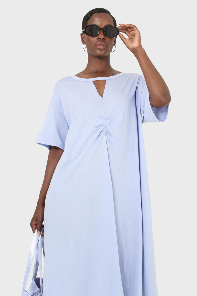 Blue cut out neck ruched front oversized maxi dress_6