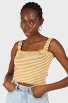 Yellow and white striped frill trim knit tank_1