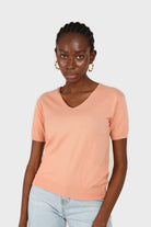 Pale orange V-neck short sleeved knit top_2