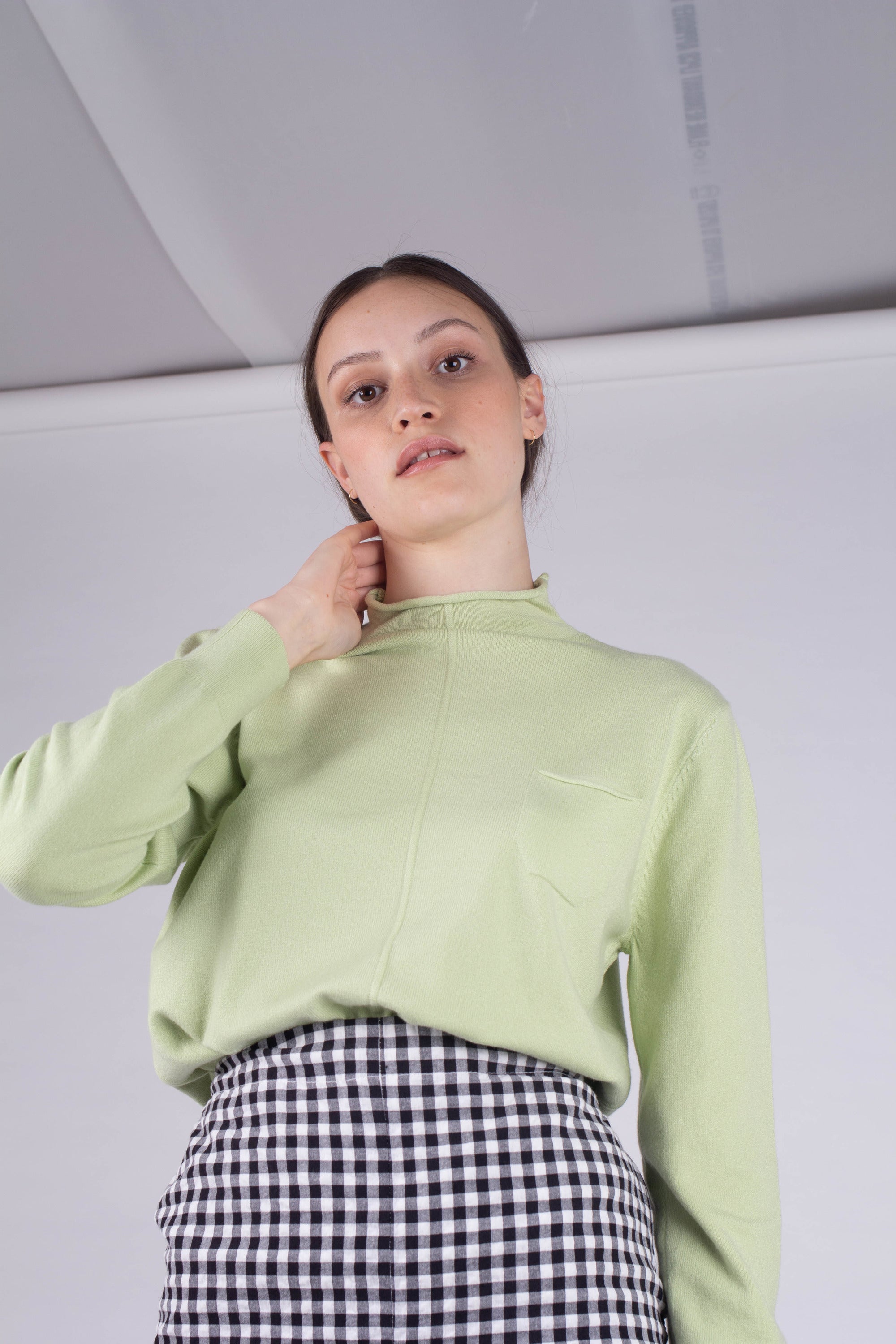 Green chest pocket mock neck knit top_4