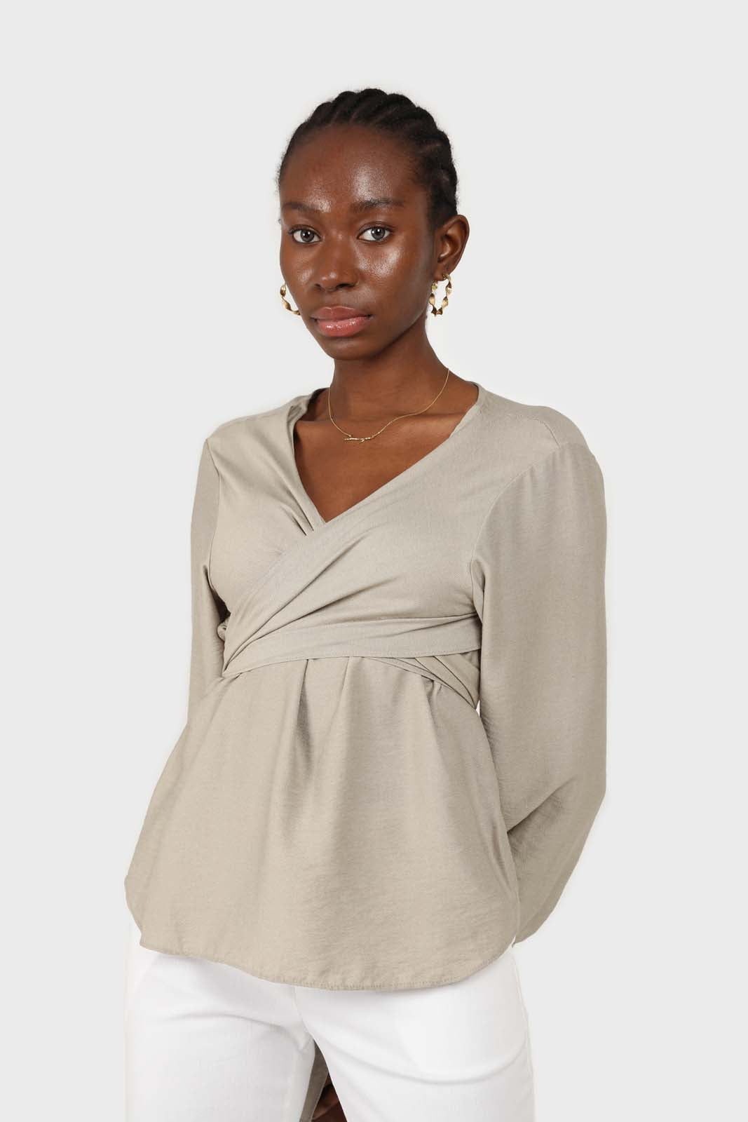 Khaki wrap tie waist cropped blouse_1